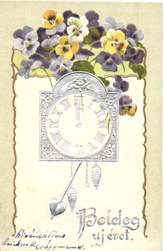 T2 Boldog újévet! / New Year Greeting Art Postcard. Silver Floral Litho - Ohne Zuordnung