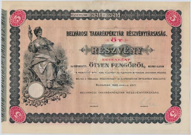 Budapest 1926. 'Belvárosi Takarékpénztár Részvénytársaság' öt Részvénye Egyben 250P-ről (2x), Sorszámkövetők, Szárazpecs - Unclassified