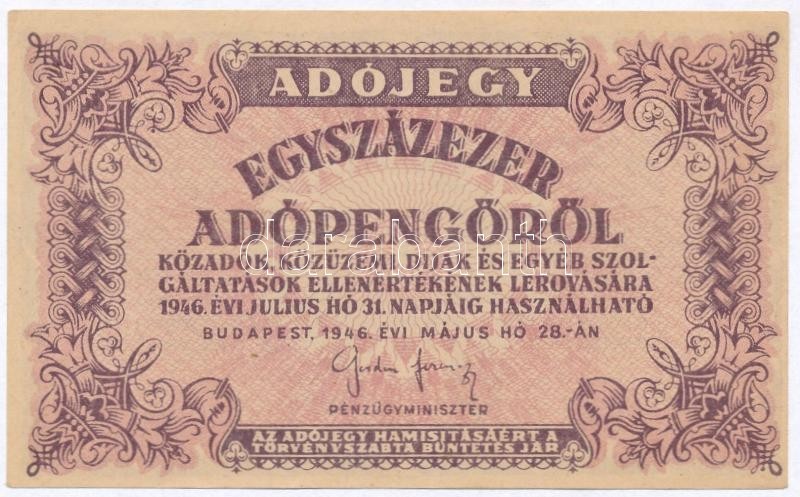 1946. 100.000AP Vízjeles Papíron, Sorozat és Sorszám Nélkül T:I - Ohne Zuordnung