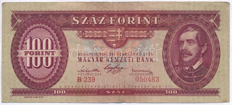 1947. 100Ft T:III
Hungary 1947. 100 Forint C:F 
Adamo F27 - Ohne Zuordnung