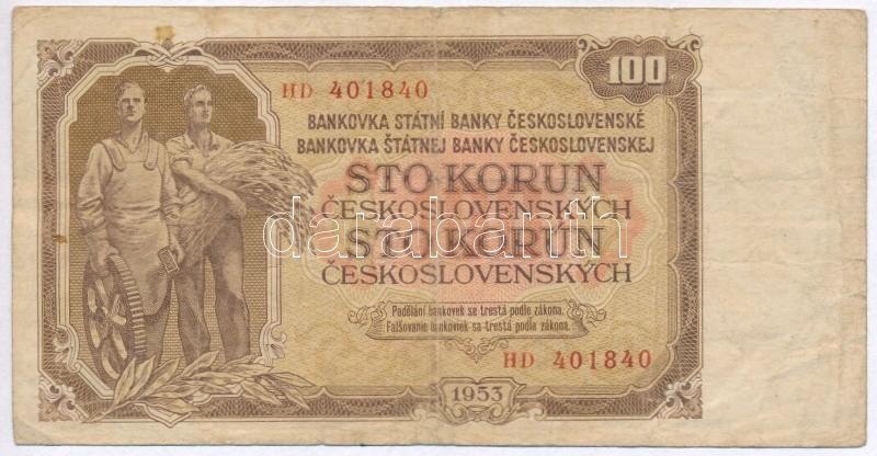 Csehszlovákia 1953. 100K T:III,III-
Czechoslovakia 1953. 100 Korun C:F,VG - Non Classificati