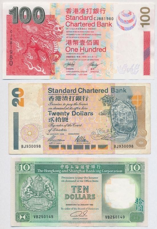Hongkong 1992. 10$ + 1996. 20$ + 2003. 100$ T:III
Hong Kong 1992. 10 Dollars + 1996. 20 Dollars + 2003. 100 Dollars C:F - Ohne Zuordnung