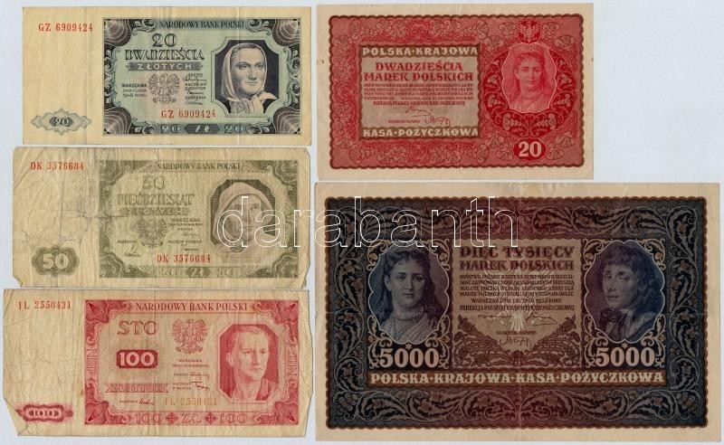 Lengyelország 1919-1948. 20M-100Zl (5xklf) T:III,III-
Poland 1919-1948. 20 Marek - 100 Zlotych (5xdiff) C:F,VG - Ohne Zuordnung