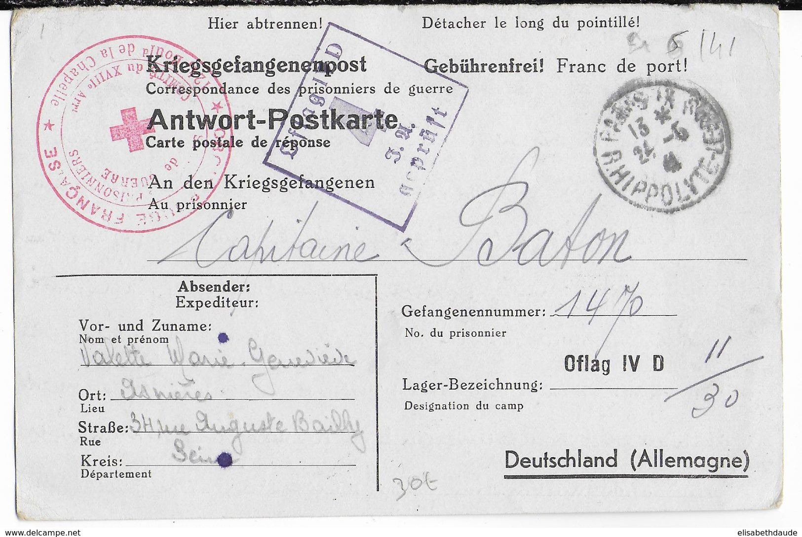 PRISONNIERS DE GUERRE - 1941 - OFLAG IV D - CARTE CORRESPONDANCE Au DEPART De PARIS Avec CACHET CROIX-ROUGE Du XVIII° AR - Croce Rossa