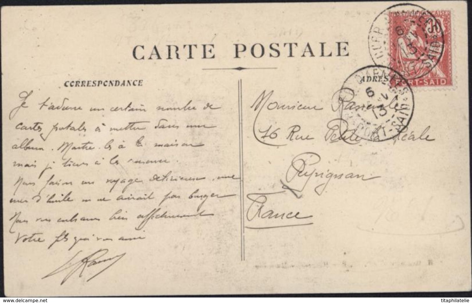 Sur CPA Gange Vapeur Français Des Messageries Maritimes CAD Correspondance CORR D'Armée Port Said 6 Nov 1913 - Gebruikt