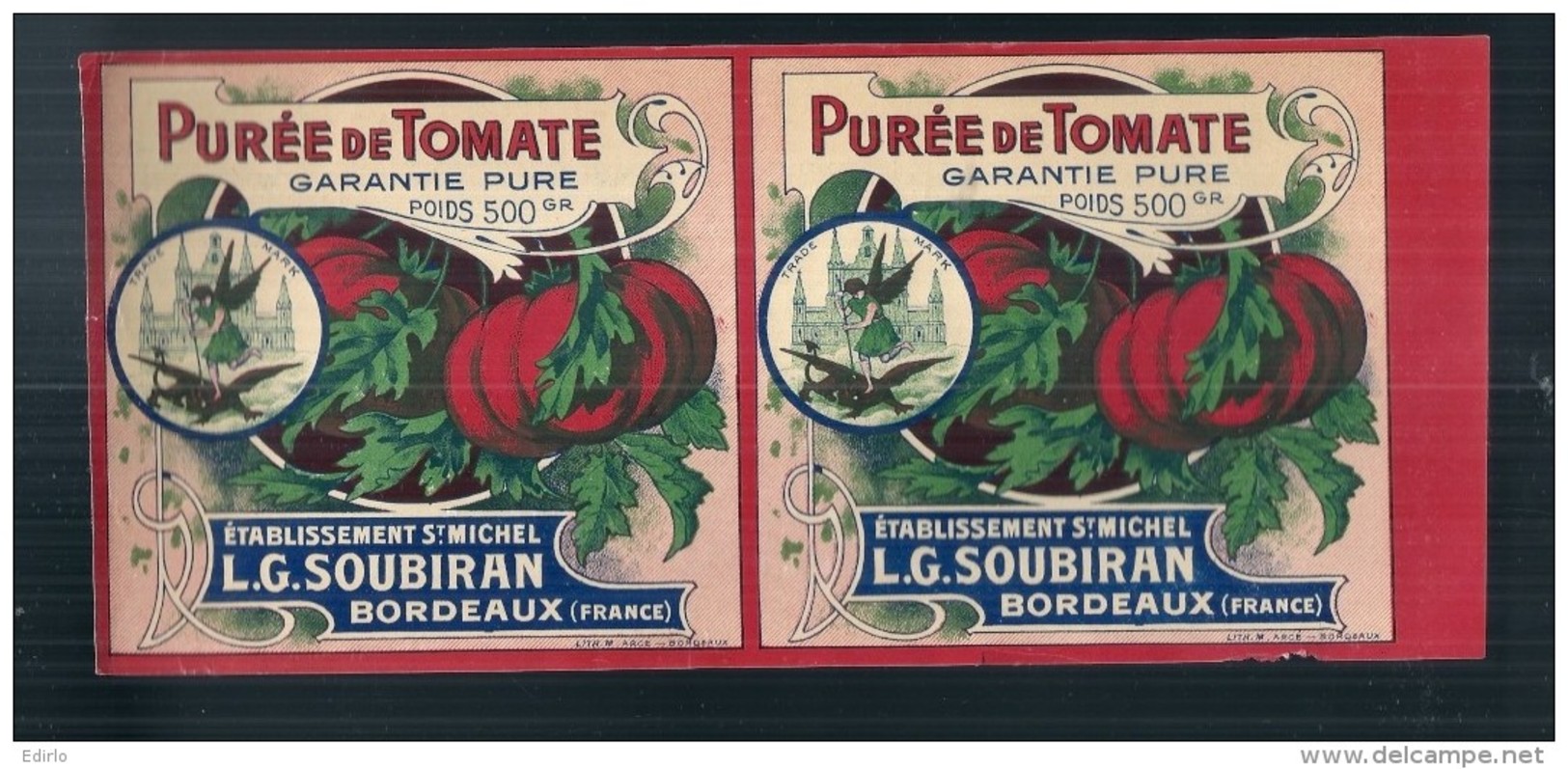 étiquette Double Sortie Imp -purée De Tomates  SOUBIRAN  BORDEAUX - Modele Parfiné  Chromo Litho  XIXeime/XX 25x11cm  - - Obst Und Gemüse