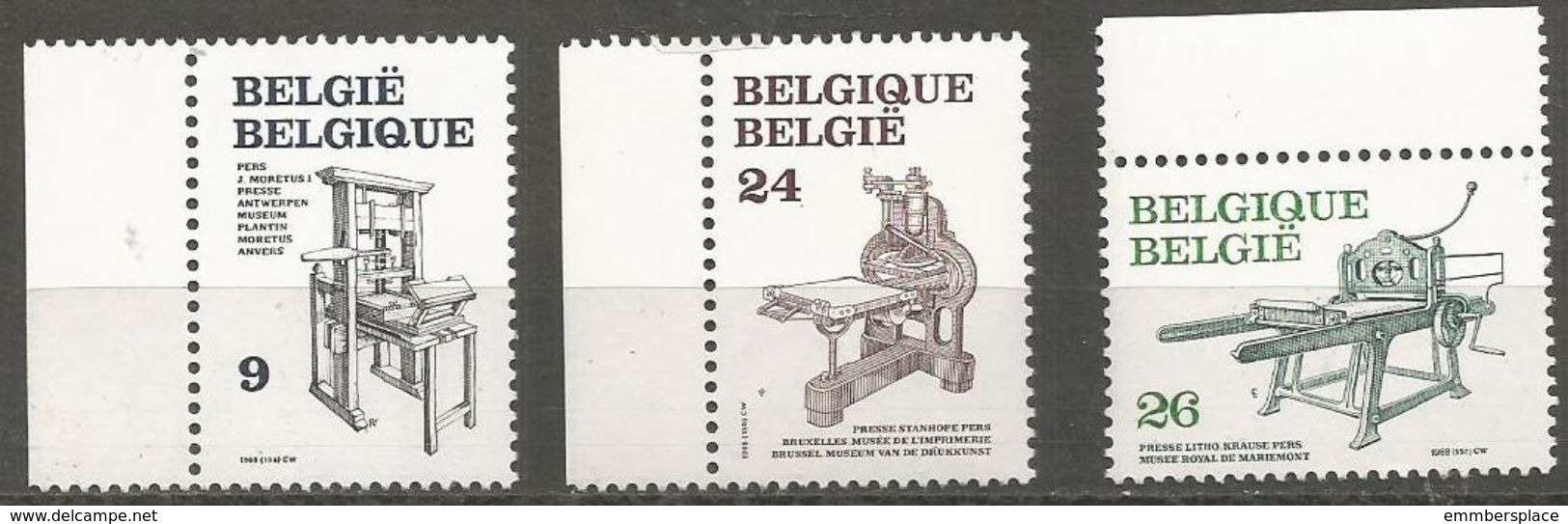 Belgium - 1988 Printing Presses Set Of 3  MNH **    Sc 1305-7 - Unused Stamps