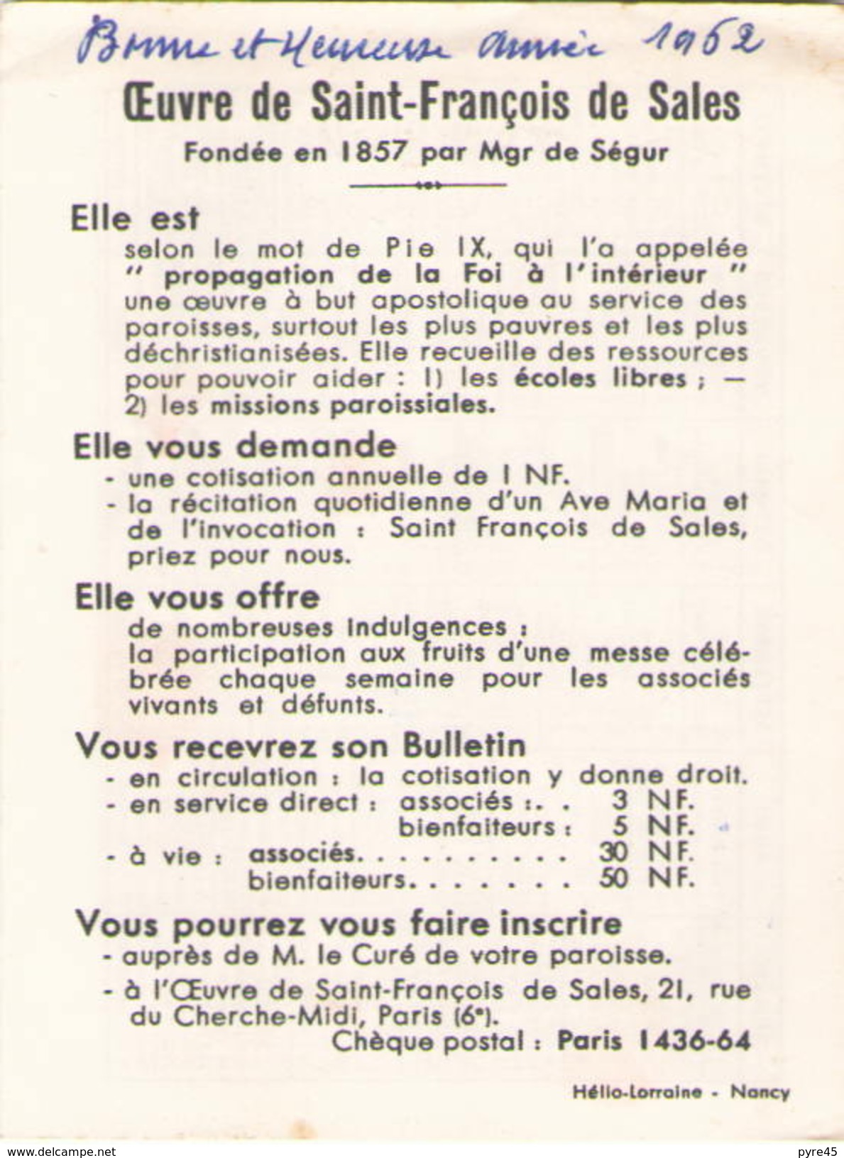 Calendrier 1962 Oeuvre De Saint-François De Sales - Petit Format : 1941-60