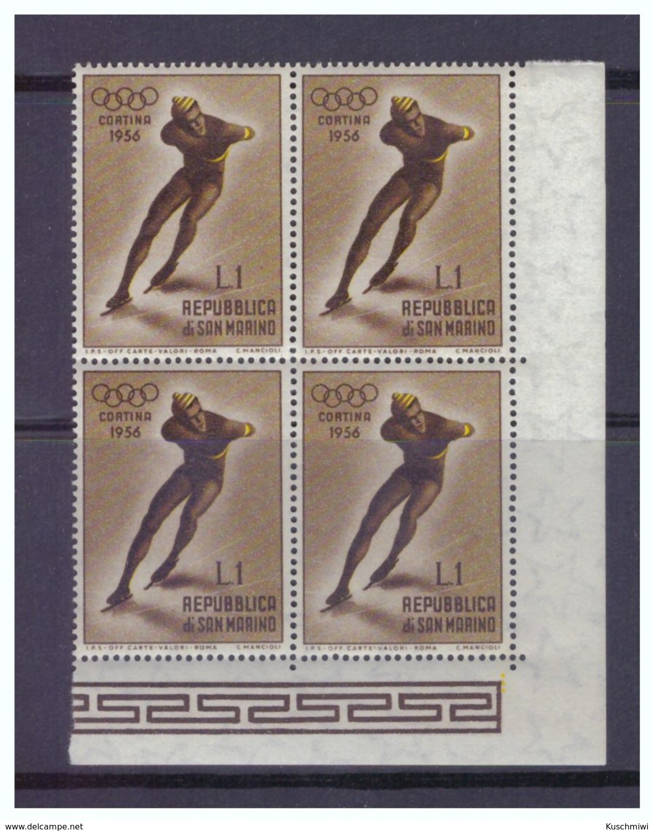 San Marino, Mi.-Nr. 535 Viererblock Eckrand Unten Rechts, **, 1955 Olymp. Winterspiele 1956 Cortina D'Ampezzo - Inverno1956: Cortina D'Ampezzo