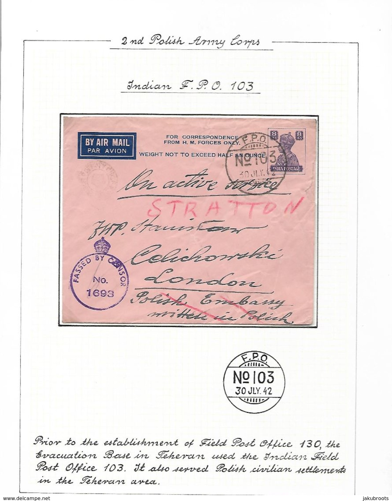 JULY 1942. COVER  ON  ACTIVE  SERVICE . AIR  MAIL  FPO. POLISH  MILITARY  FORCES  IN  TEHERAN . - Covers & Documents