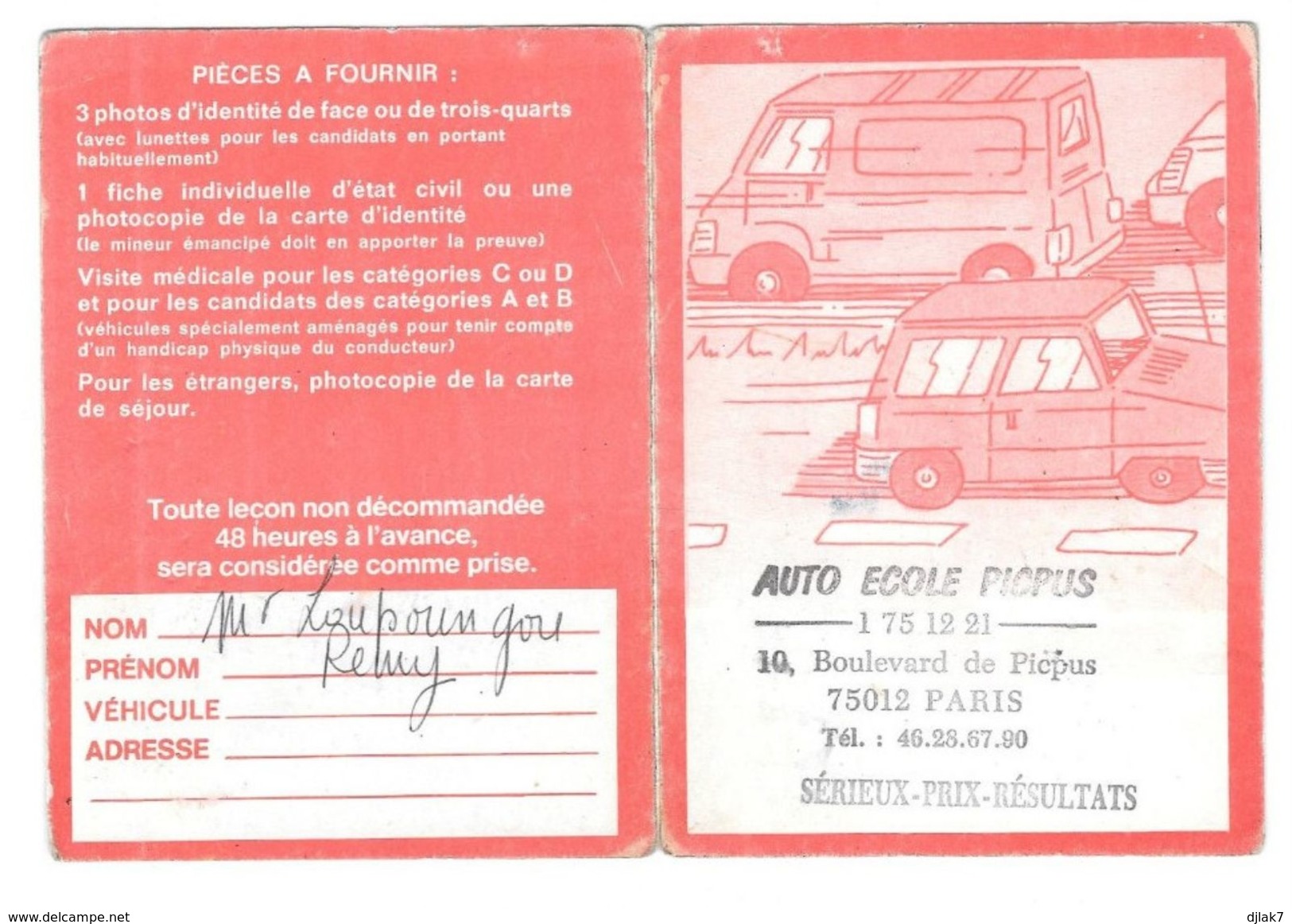 Carte Auto école PICPUS 75012 Paris Avec Horaires De Conduite (Année 1990) - Non Classés