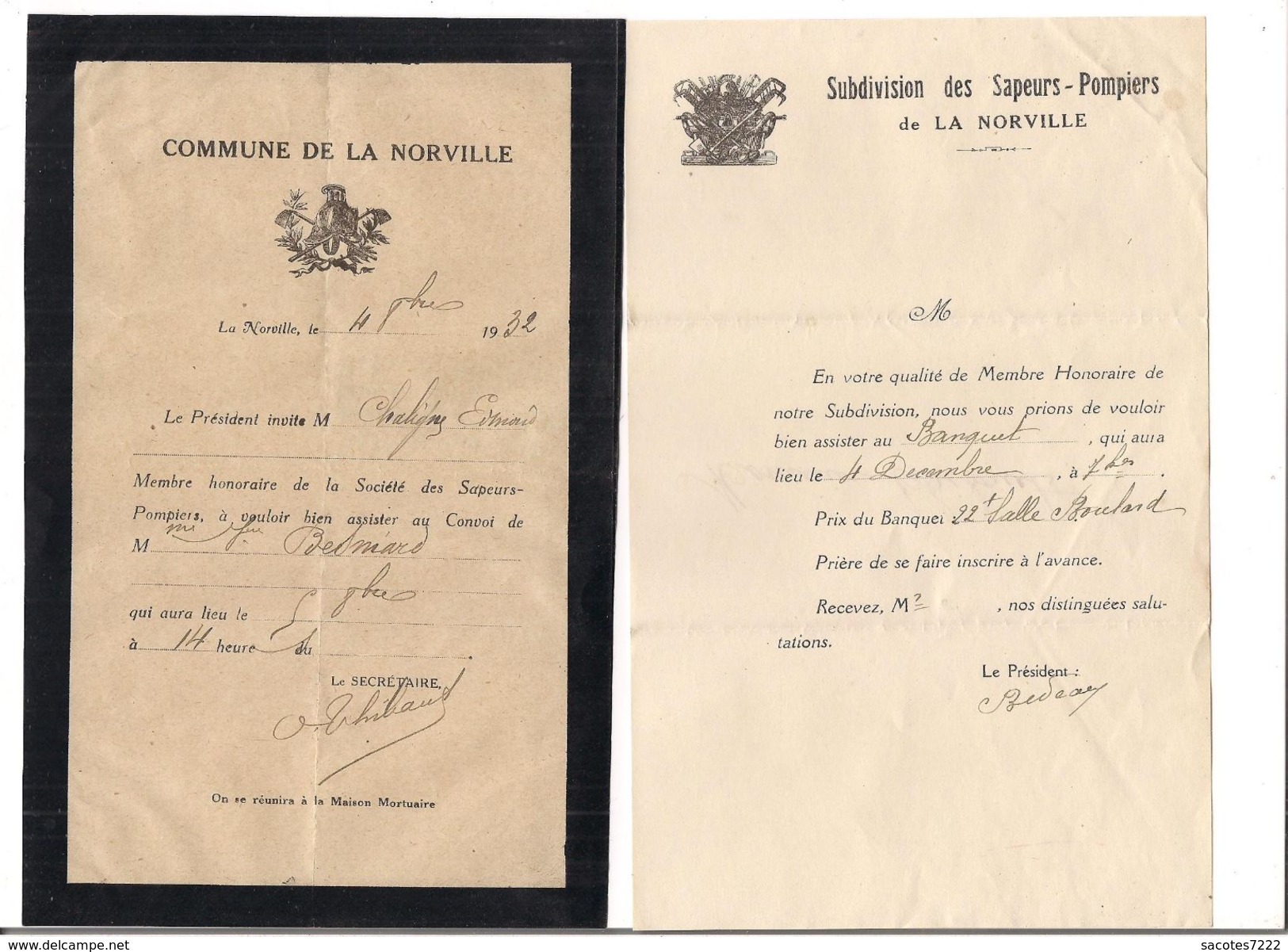 2 LETTRES  SAPEURS POMPIERS De LA NORVILLE - - Documents Historiques