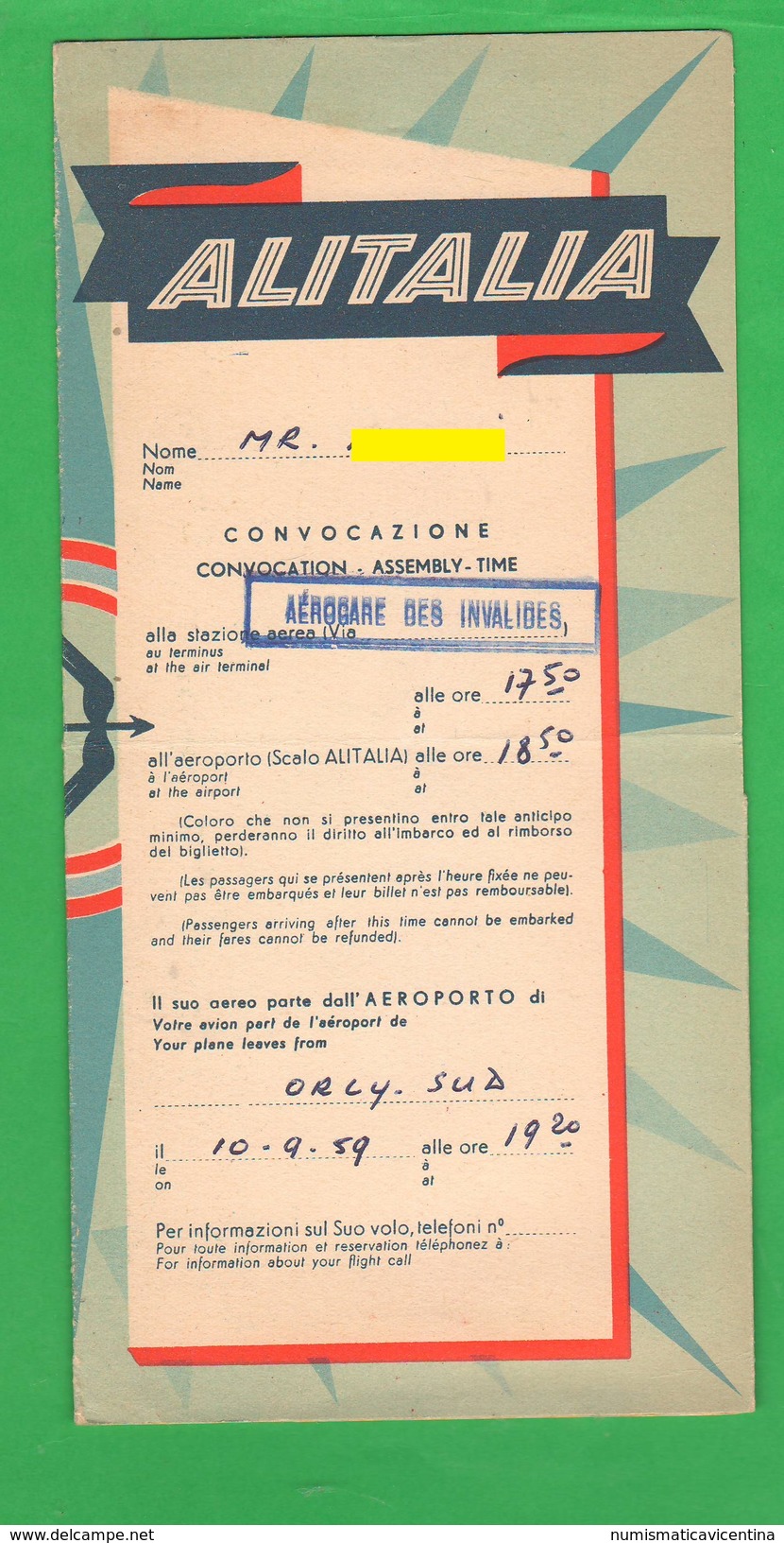 ALITALIA Airlines Avion Flight Aerei Busta Vuota X Carta D'imbarco 1959 - Europe