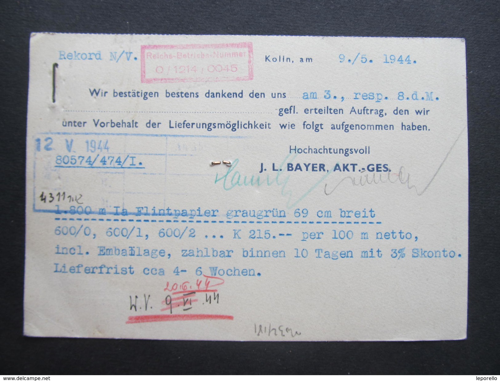 BRIEF Kolin 1944 Bayer   Frankotype Freistempel Postfreistempel /// N8218 - Briefe U. Dokumente