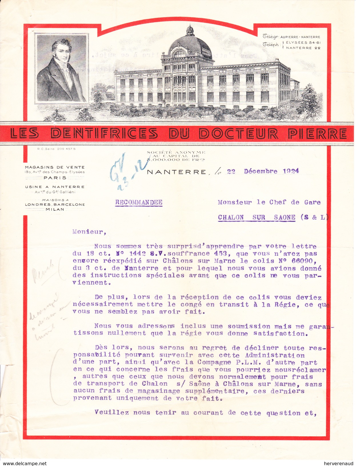 Lettre "Dentifrices Du Docteur Pierre" à Nanterre, Pour Chalon-sur-Saône (1924) - Non Classificati