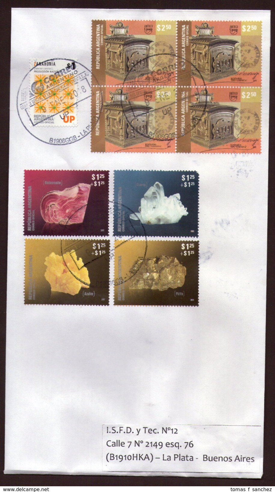 Argentina - 2018 - Lettre - Minéraux - Sulphur - Rhodochrosite - Pyrite - Quartz - Storia Postale