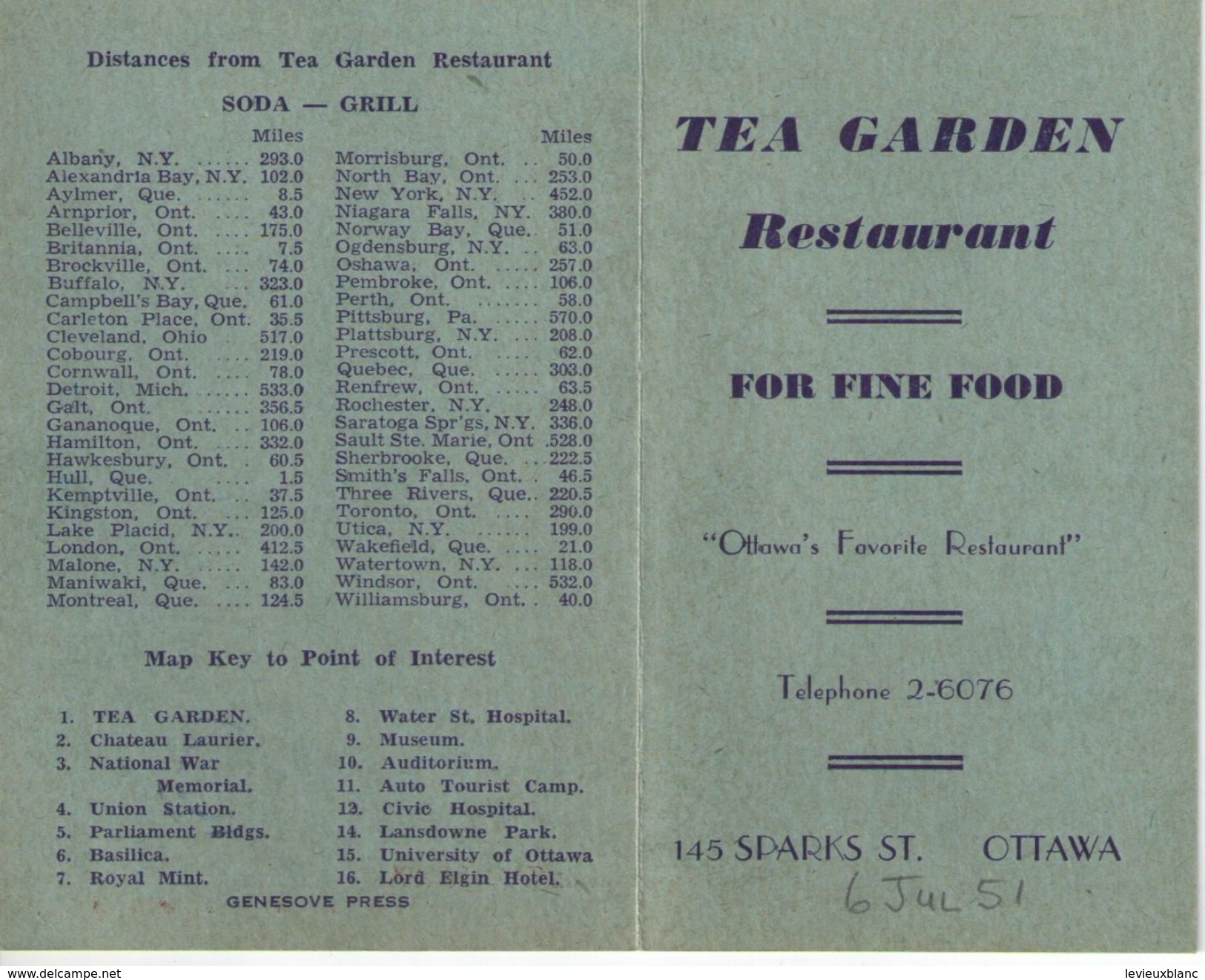 Carte Commerciale à 2 Volets/ Restaurant "Tea Garden"/ OTTAWA/ Canada / For Fine Food/ /1951      CAC112 - Canadá