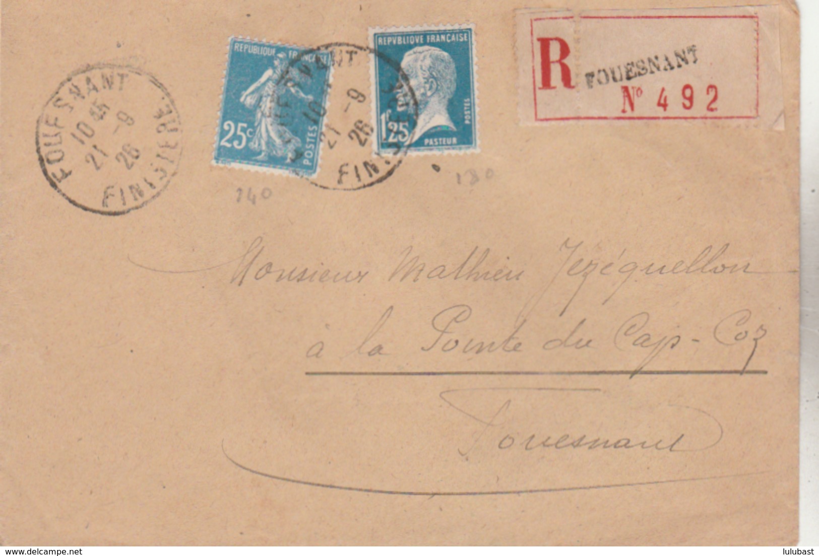 Lettre Recommandée De FOUESNANT - T. à D. / 140 + 180. (combinaison Peu Fréquente). - Manual Postmarks