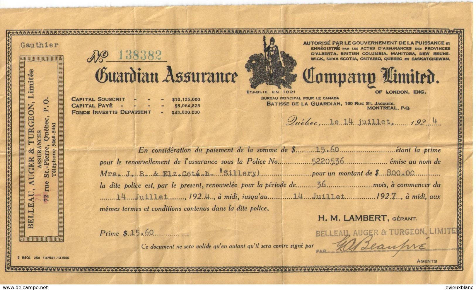 Contrat D'Assurance/Renouvellement/Guardian Assurance Company Limited/London/Belleau-Auger/Québec/Canada/ 1927     BA58 - Canada