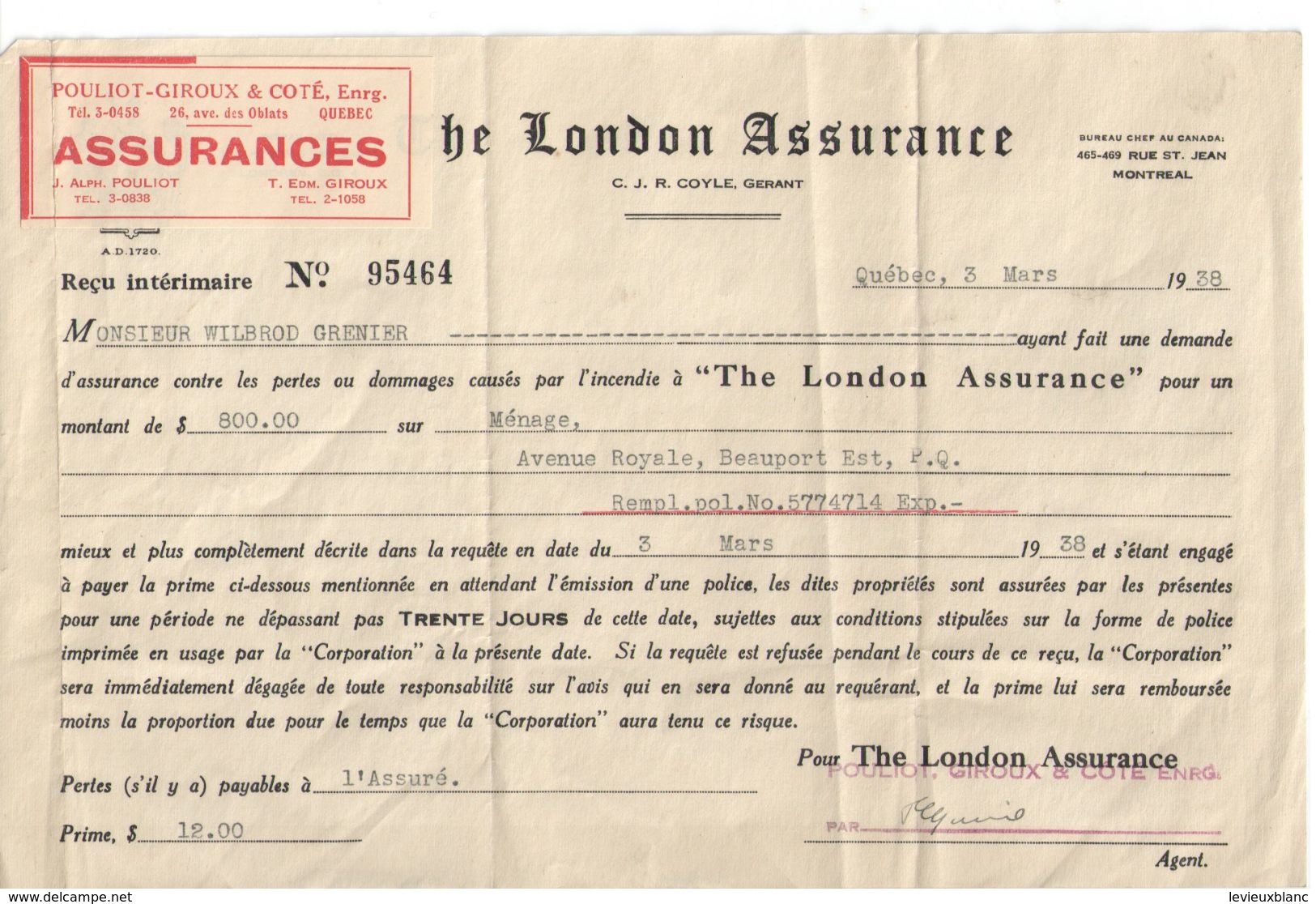 Contrat D'Assurance/Reçu Intérimaire/The London Assurance/Wilbrod Grenier/Pouliot-Giroux & Coté/Québec/Canada/1938  BA59 - Canada