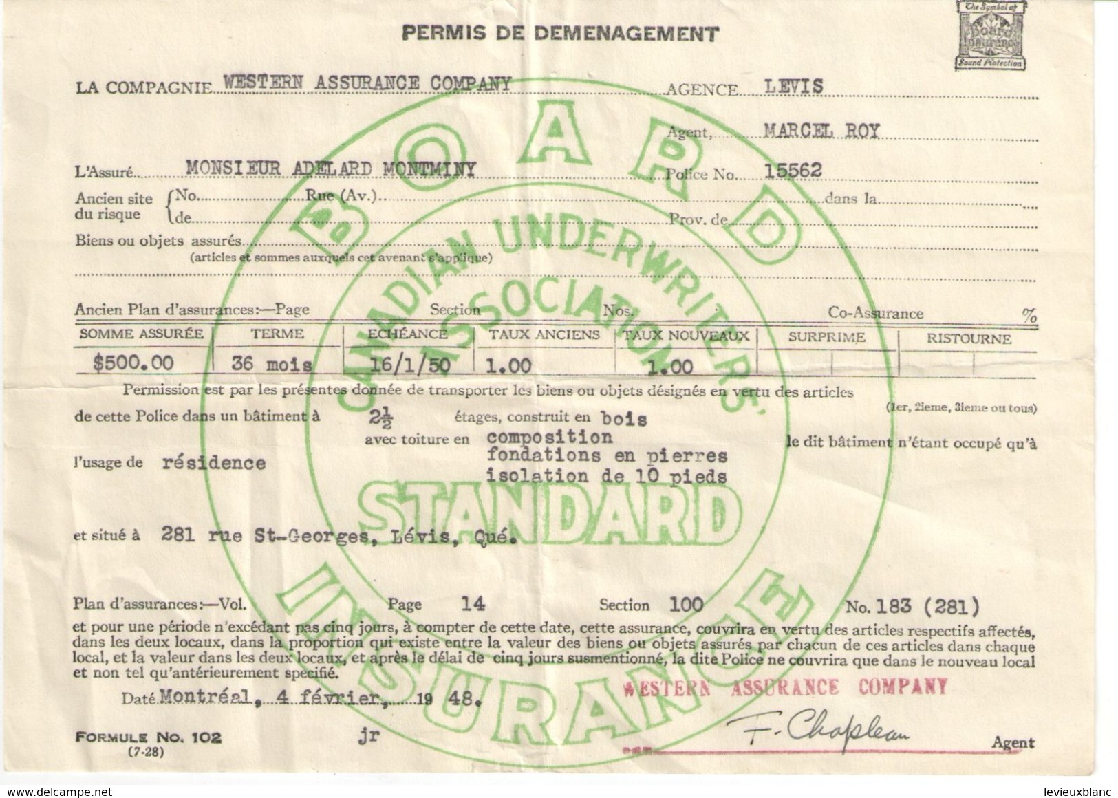 Contrat D'Assurance/Permis De Déménagement/WESTERN ASSURANCE COMPANY/Lévis /Québec/Canada/1948  BA60 - Canadá