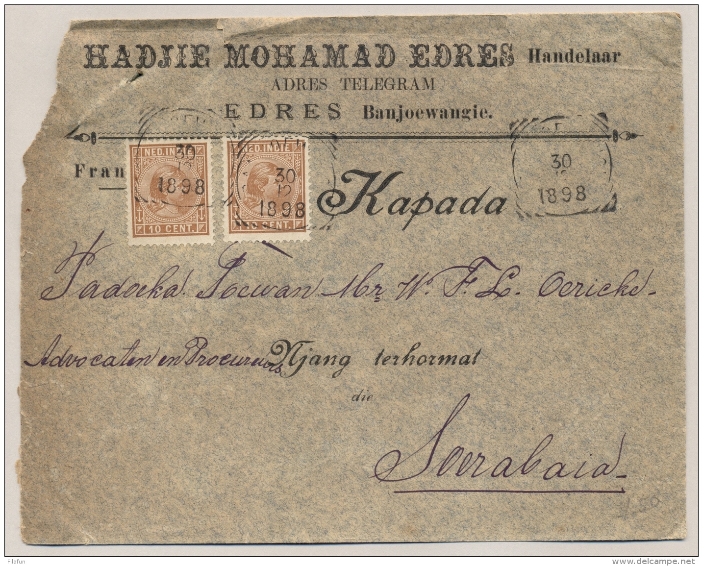 Nederlands Indië - 1898  - 2x 10 Cent Hangend Haar Op Business Cover Van Banjoewangi Naar Soerabaja - Nederlands-Indië