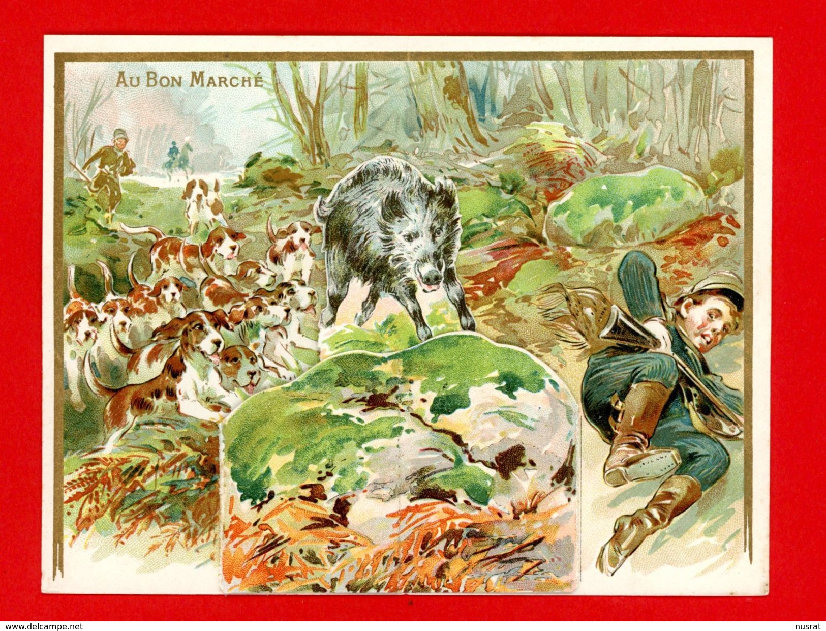 Au Bon Marché, Chromo à Système Lith. Goossens GO-5 Chasse, Chiens, Sanglier, Victorian System Trade Card - Au Bon Marché