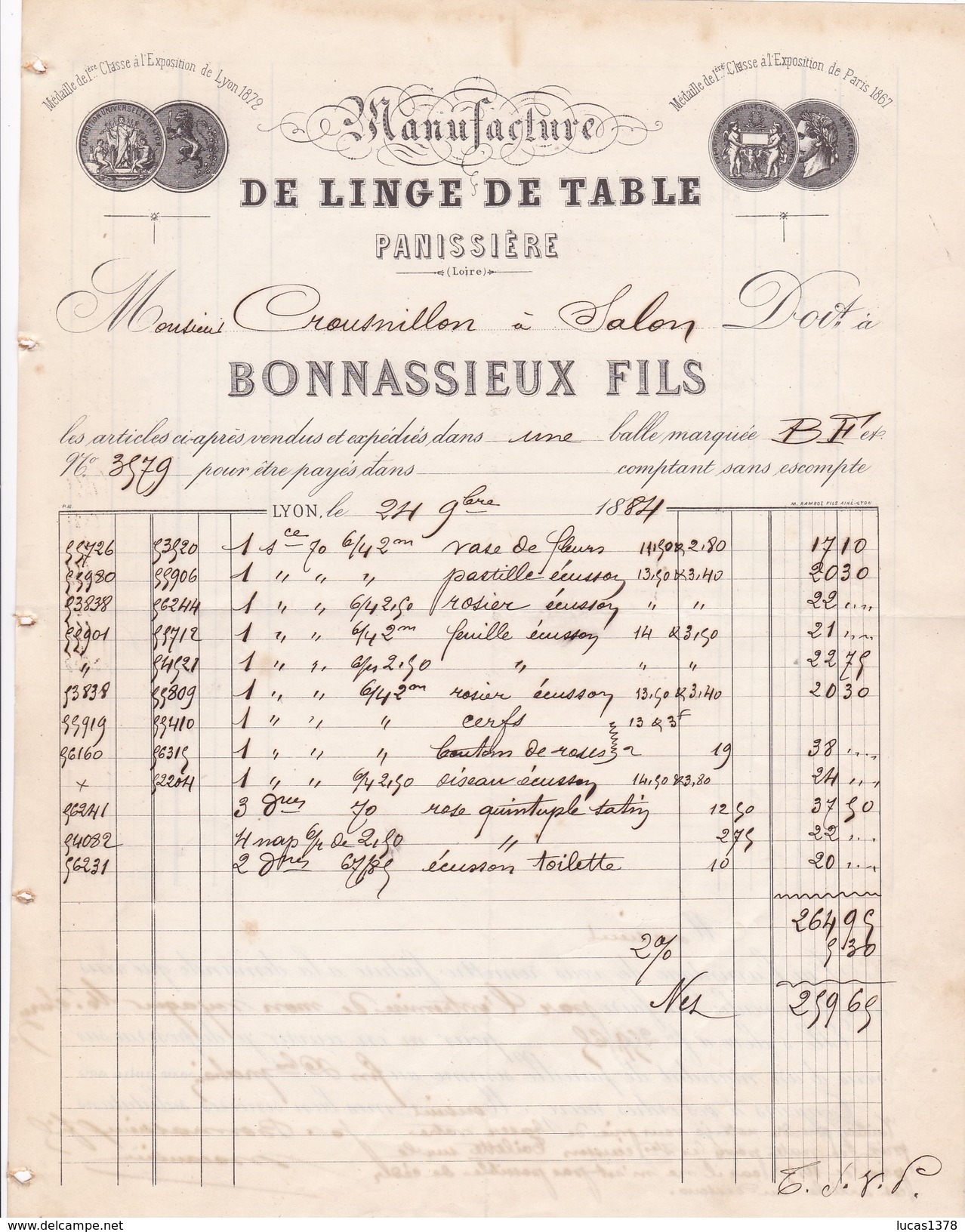 ANNEE 1884 / PANISSIERE / MANUFACTURE DE LINGE DE MAISON / BONNNASSIEUX FILS / - Textile & Clothing