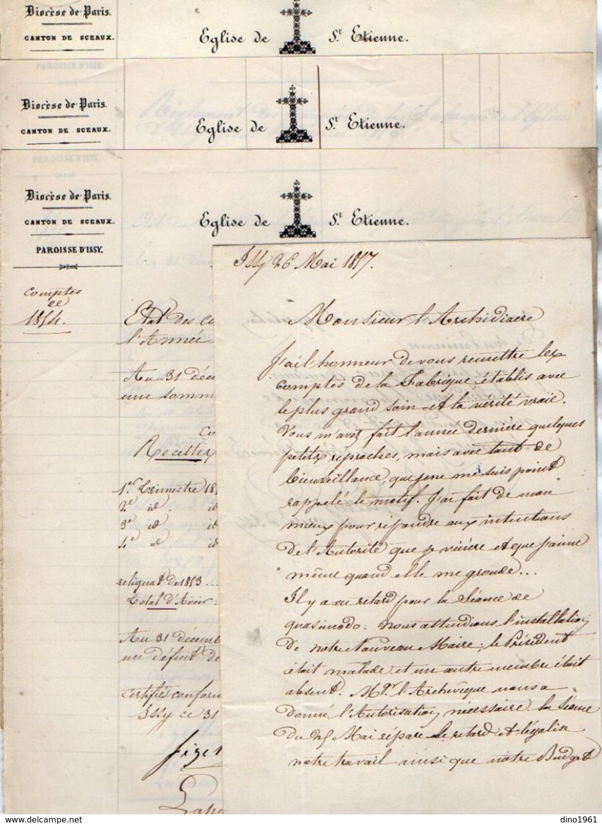 VP11.830 - 1857 - Diocèse De PARIS - Lettre De Mr Le Curé GUERIN & 3 Relevés De Comptes église De Saint - Etienne D'ISSY - Religion & Esotericism