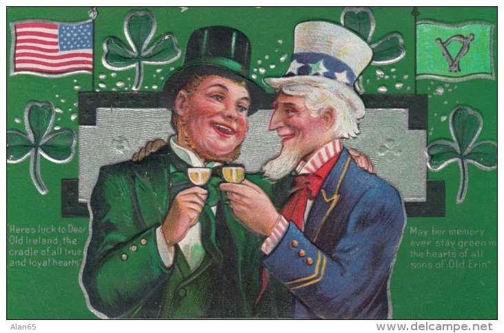 Irish Man And Uncle Sam Drink, Celebrate Ireland-US Friendship St. Patrick's Day, C1900s/10s Vintage Embossed Postcard - Saint-Patrick's Day