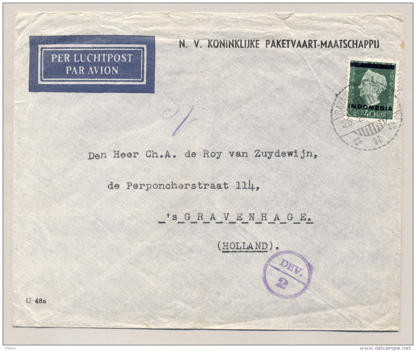 Nederlands Indië - 1949 - Opdruk Indonesia Op 40 Cent Wilhelmina Op KPM-cover Met Deviezen Censuur Naar Den Haag - India Holandeses