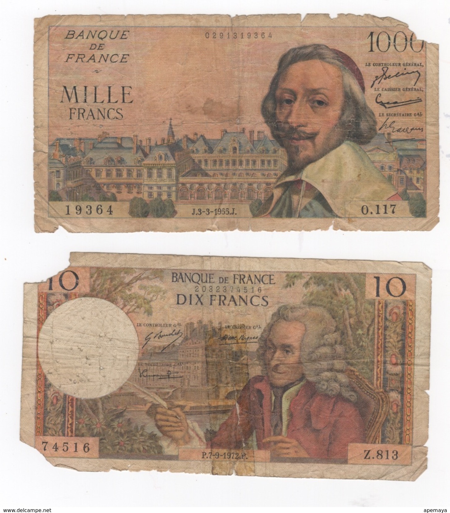 Lot Of 2 Notes, 1000 Francs 1955. - 1955-1959 Sovraccarichi In Nuovi Franchi