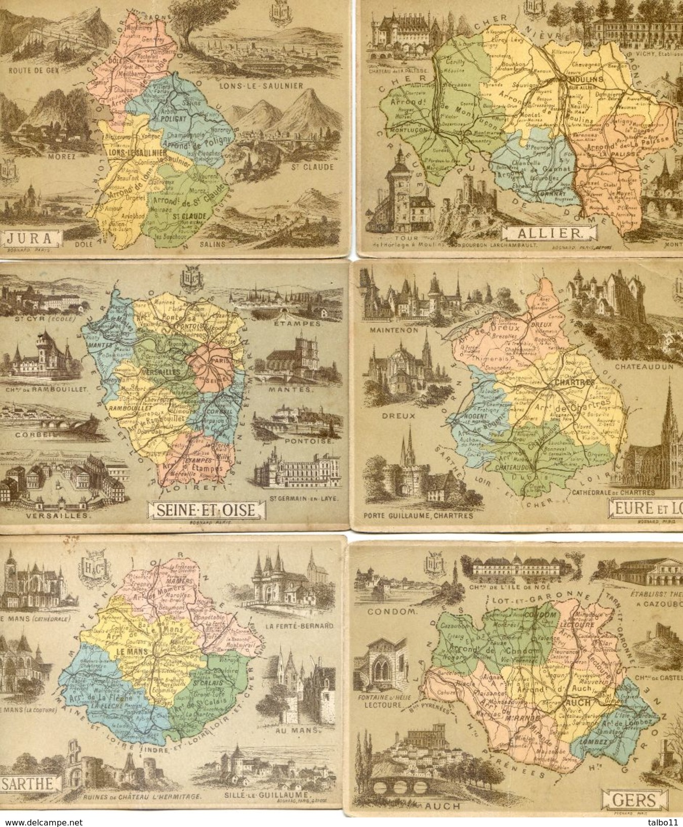 Lot De 6 Cartes - Scolaires Hachette Departements : Allier, Jura, Eure Et Loir, Seine Et Oise, Gers, Sarthe - Autres & Non Classés