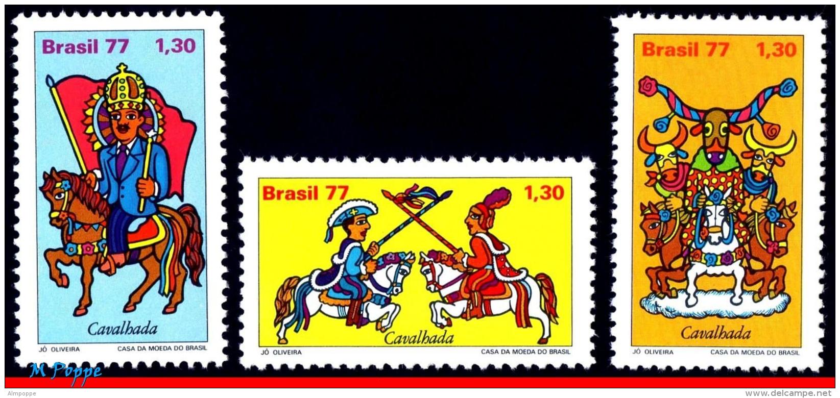 Ref. BR-1520-22 BRAZIL 1977 FOLKLORE, "CAVALHADA", HORSES AND, BULLS, KING, JOUST,MI# 1612-14,SET MNH 3V Sc# 1520-1522 - Neufs