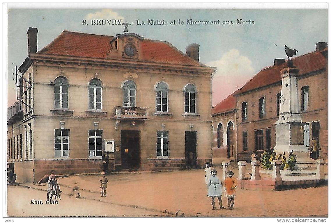 BEUVRY - La Mairie Et Le Monument Aux Morts  - 8 - édit Obin - Colorisée - Beuvry