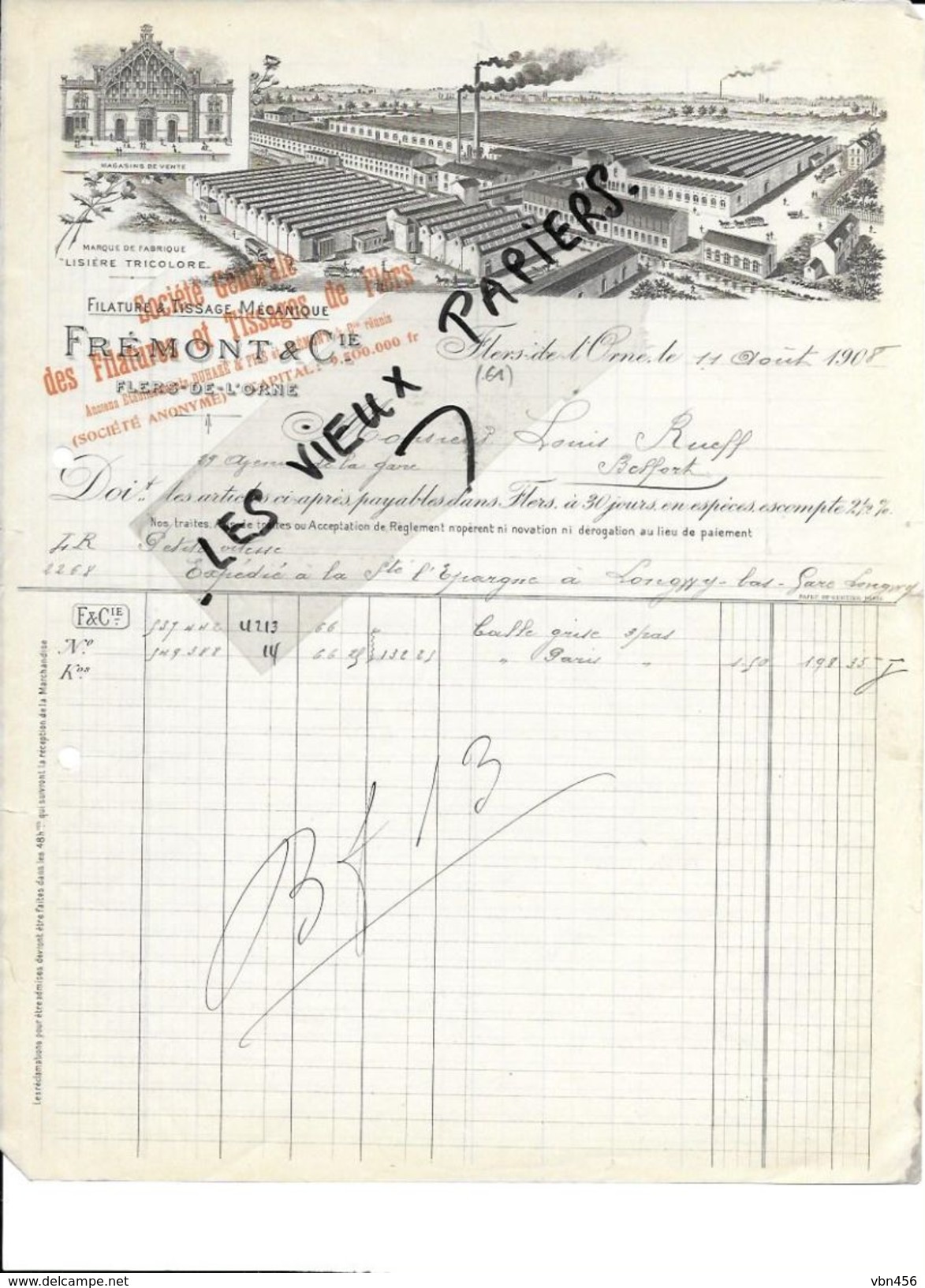 61 - Orne - FLERS-DE-L'ORNE - Facture FREMONT - Filature Et Tissage - 1908 - REF 84B - 1900 – 1949