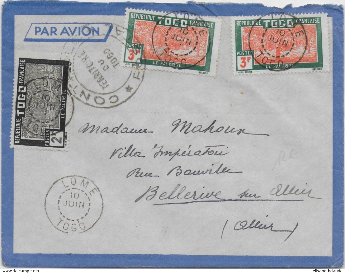 1941 - TOGO - ENVELOPPE Par AVION Avec CENSURE De LOME (CACHET SANS DATE) => BELLERIVE SUR ALLIER - Lettres & Documents