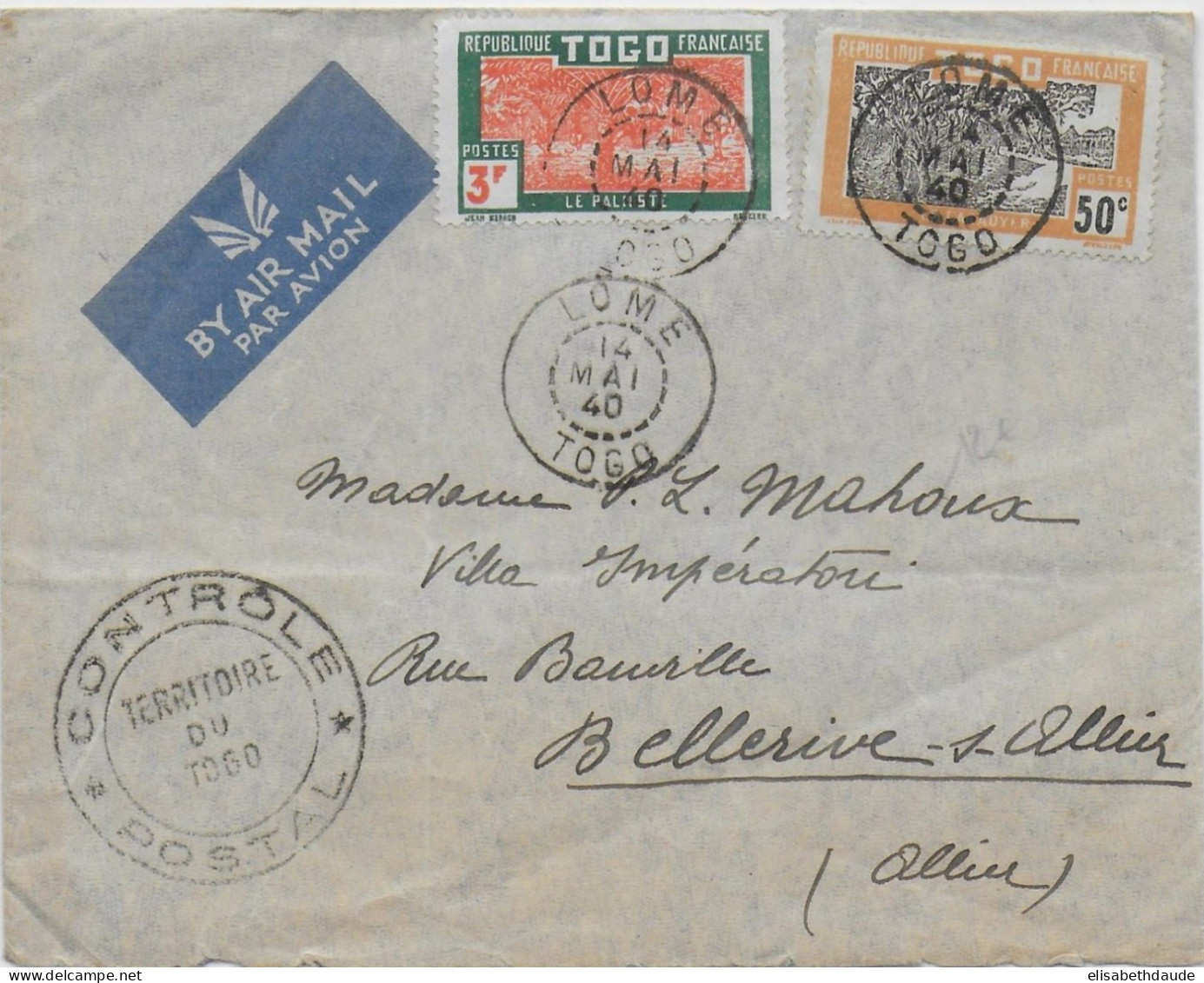 1940 - TOGO - ENVELOPPE Par AVION Avec CENSURE De LOME => BELLERIVE SUR ALLIER - Covers & Documents