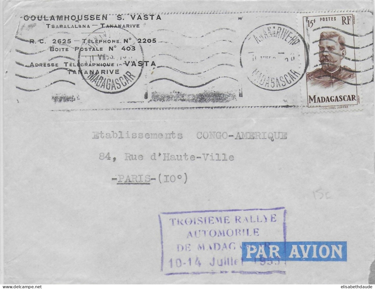 MADAGASCAR - 1953 - "TROISIEME RALLYE AUTOMOBILE" ENVELOPPE Par AVION De TANANARIVE  => PARIS - Brieven En Documenten