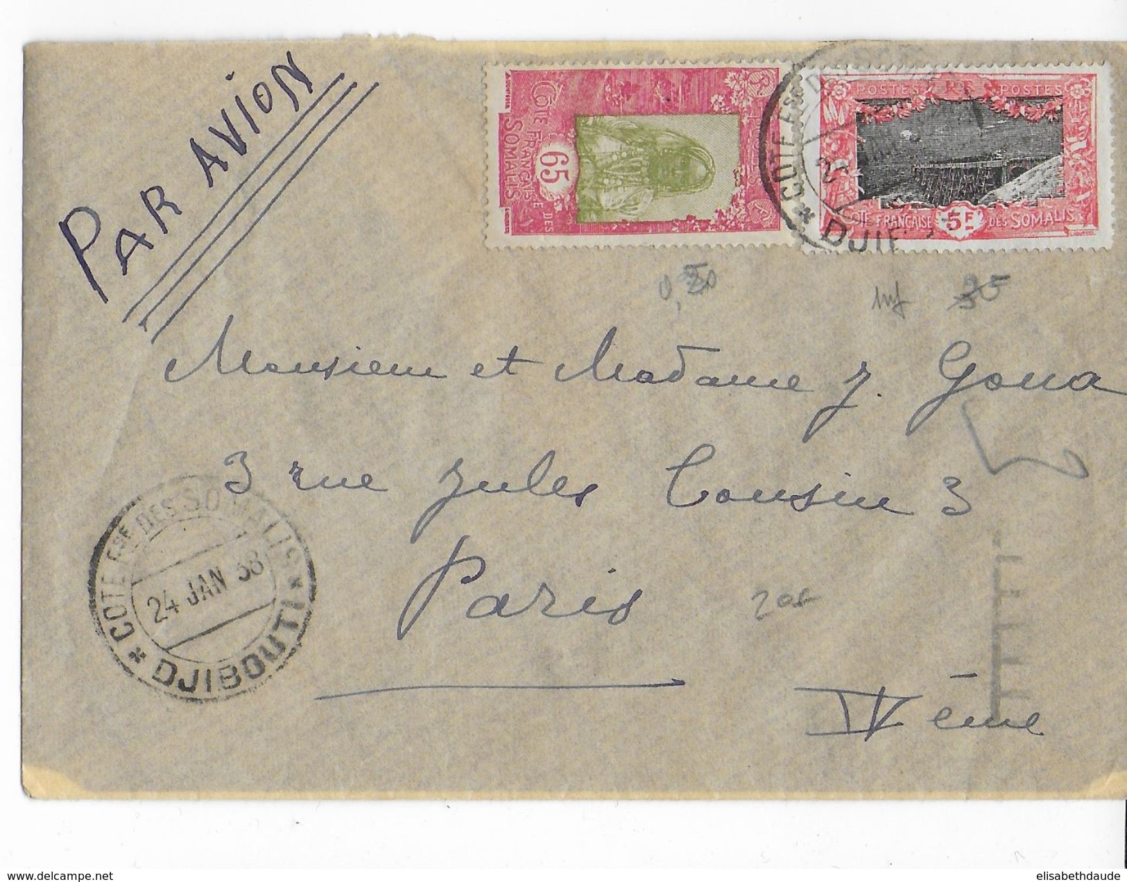 SOMALIS - 1938 - ENVELOPPE Par AVION De DJIBOUTI => PARIS - Covers & Documents