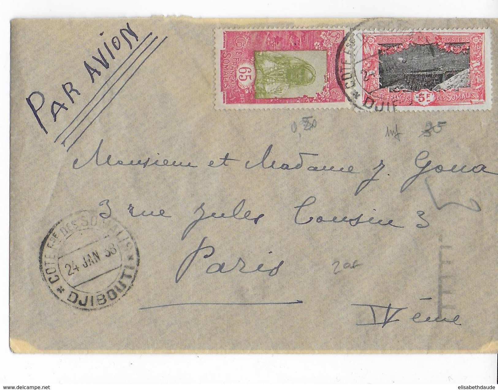 SOMALIS - 1938 - ENVELOPPE Par AVION De DJIBOUTI => PARIS - Lettres & Documents