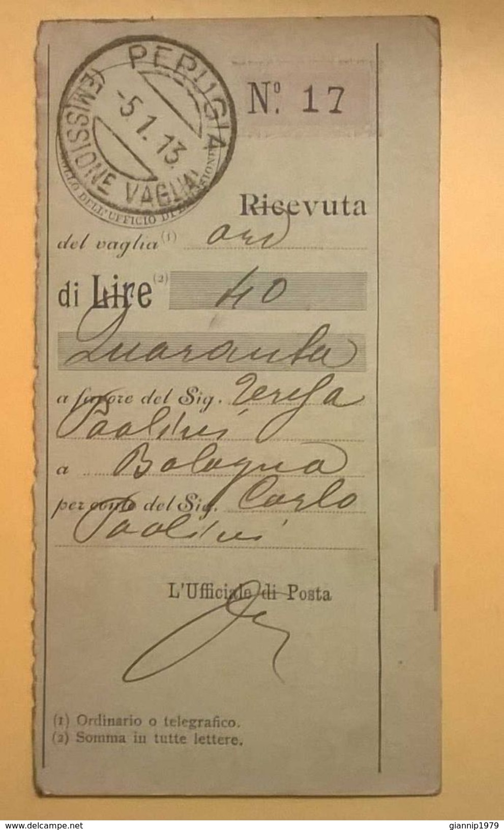 VAGLIA POSTALE RICEVUTA PERUGIA 1913 - Vaglia Postale