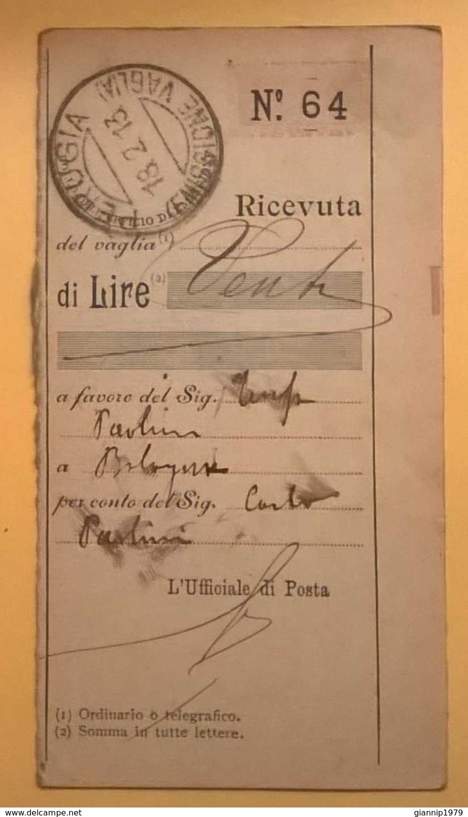 VAGLIA POSTALE RICEVUTA PERUGIA 1913 - Tax On Money Orders