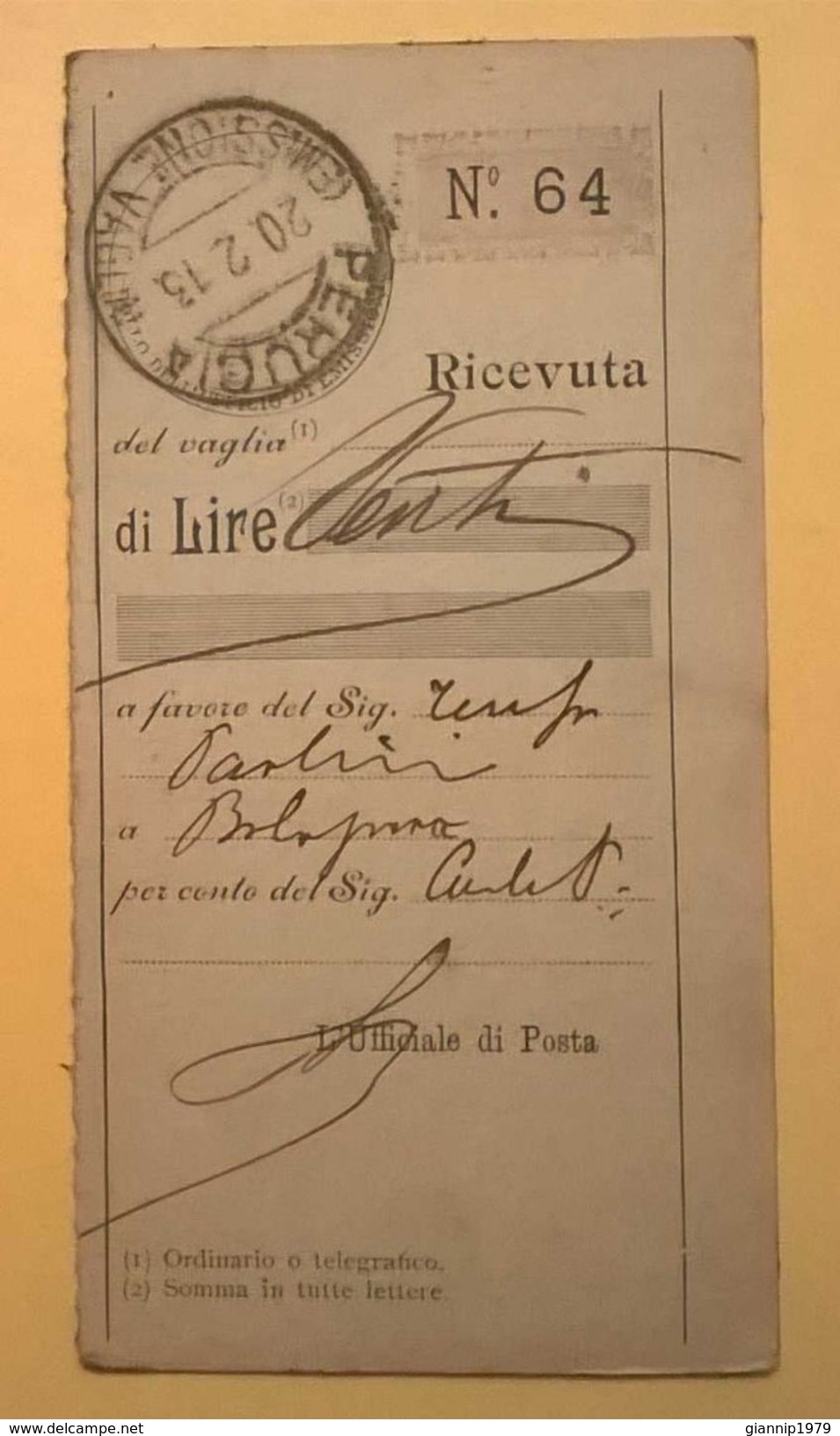 VAGLIA POSTALE RICEVUTA PERUGIA 1913 - Vaglia Postale