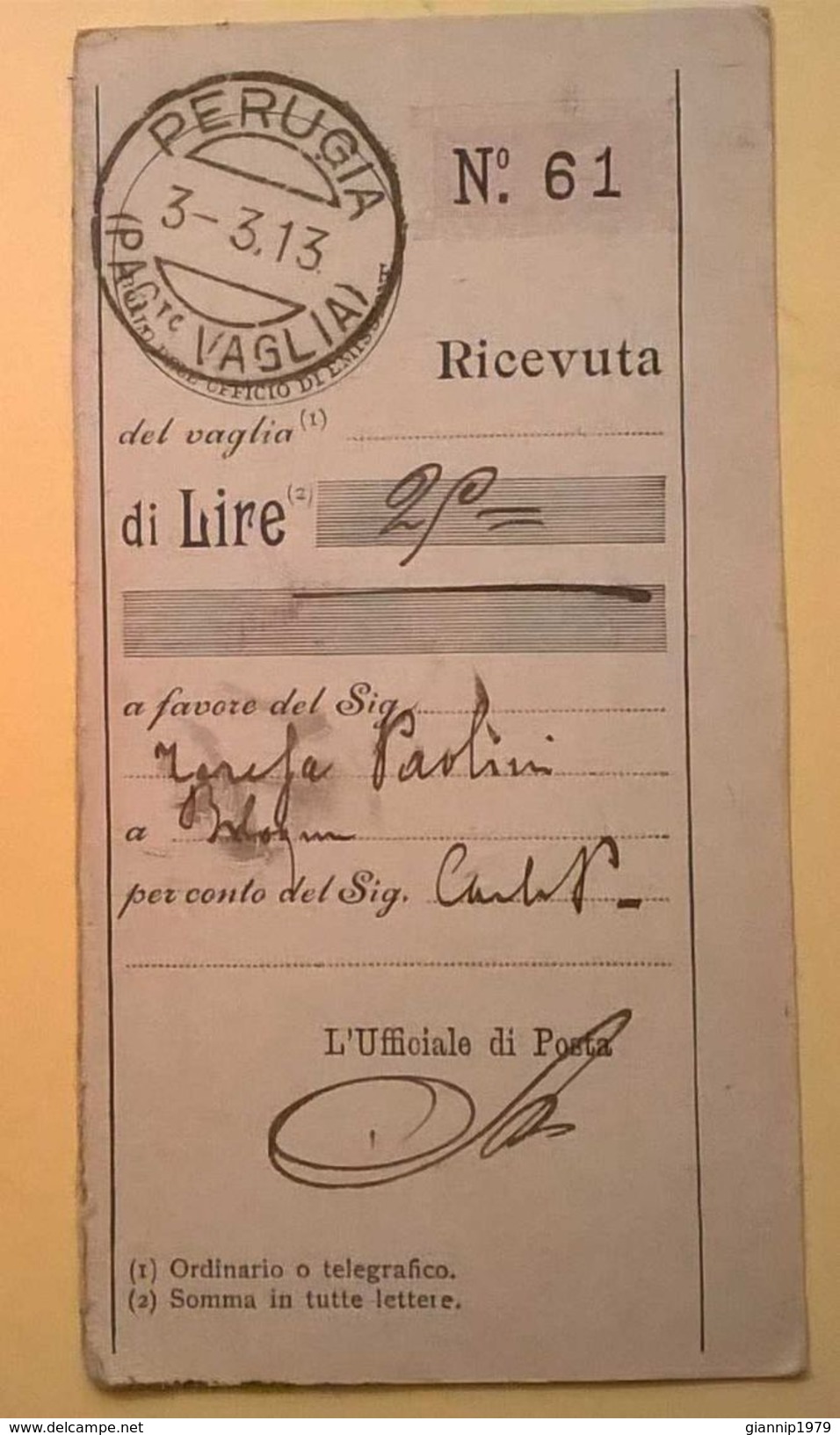 VAGLIA POSTALE RICEVUTA PERUGIA 1913 - Taxe Pour Mandats