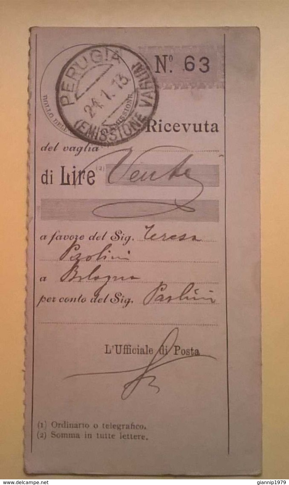 VAGLIA POSTALE RICEVUTA PERUGIA 1913 - Strafport Voor Mandaten