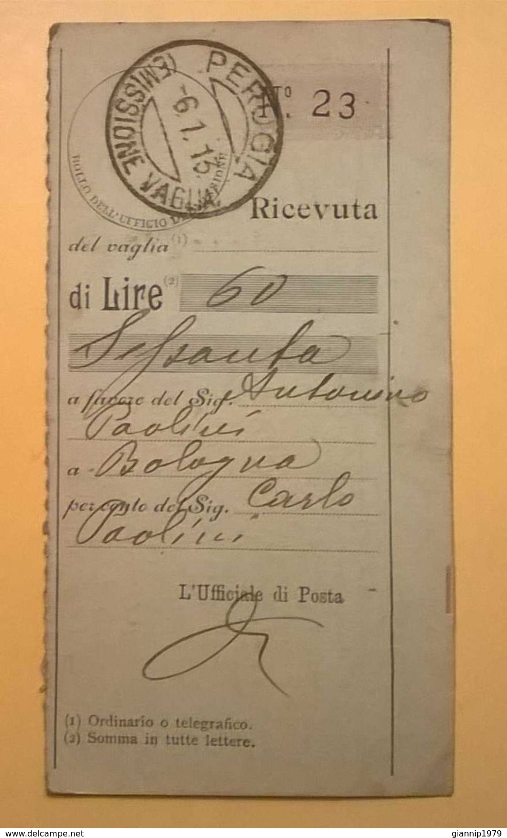VAGLIA POSTALE RICEVUTA PERUGIA 1913 - Mandatsgebühr