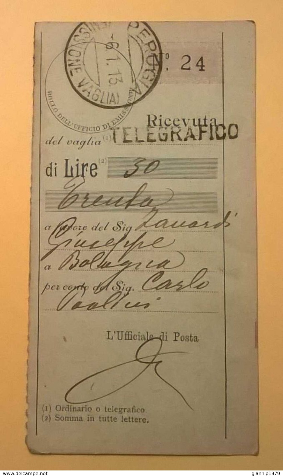 VAGLIA POSTALE RICEVUTA PERUGIA 1913 - Mandatsgebühr