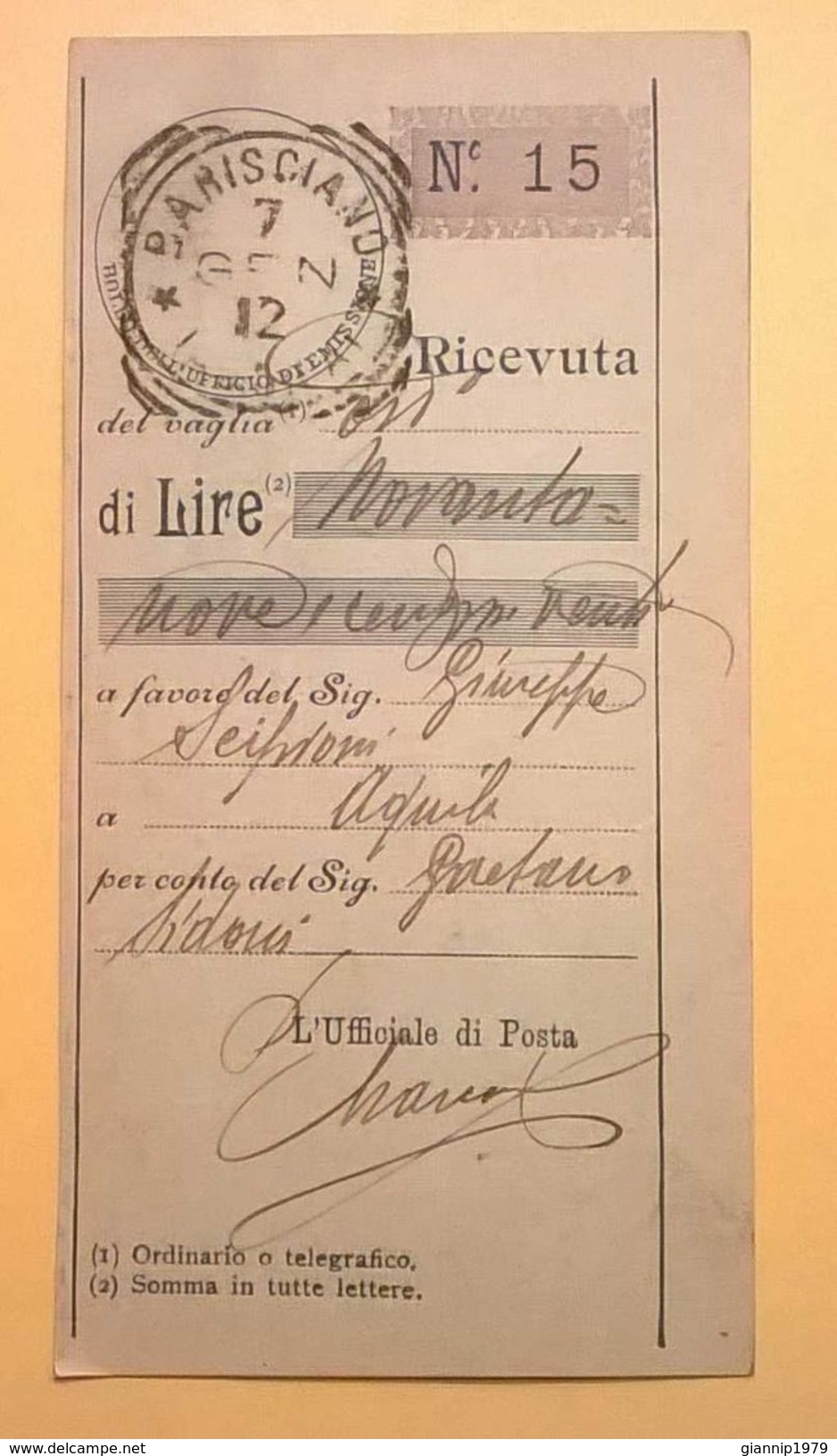 VAGLIA POSTALE RICEVUTA BARISCIANO 1912 - Taxe Pour Mandats