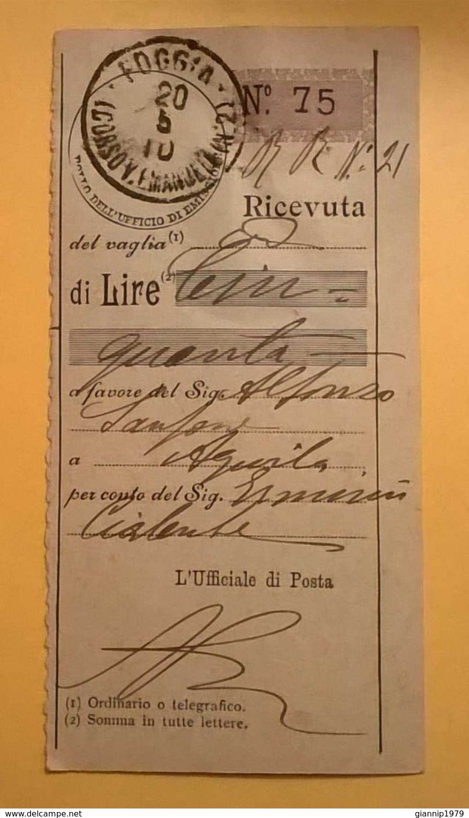 VAGLIA POSTALE RICEVUTA FOGGIA 1910 - Strafport Voor Mandaten